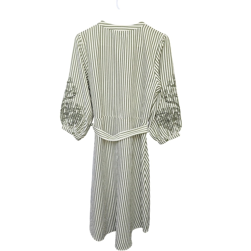 Figueroa & Flower Peasant M Cottagecore green stripe embroidered sleeves dress - Picture 2 of 10